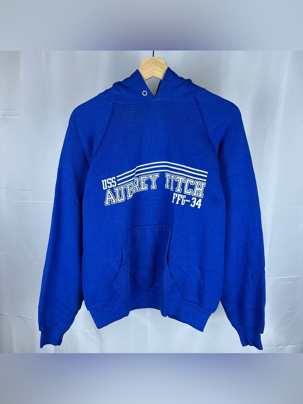 Rare Vintage 70s USS Aubrey Fitch Blue Military Hoodie Sweatshirt Large US NAVY